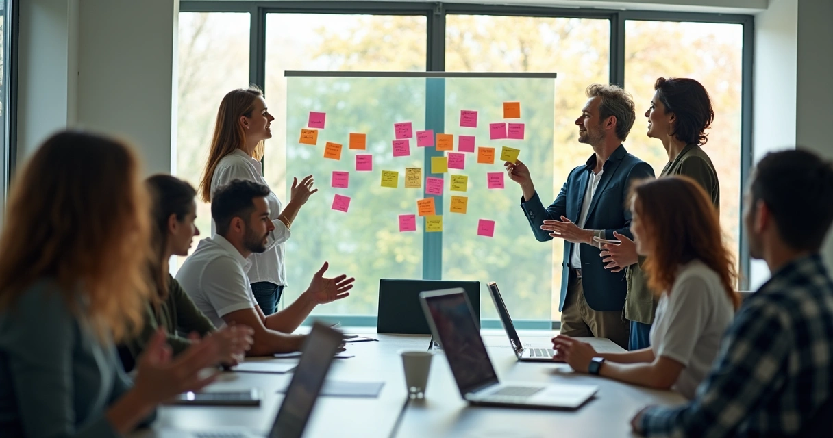 Gestores e equipe em reunião, trocando ideias de forma colaborativa