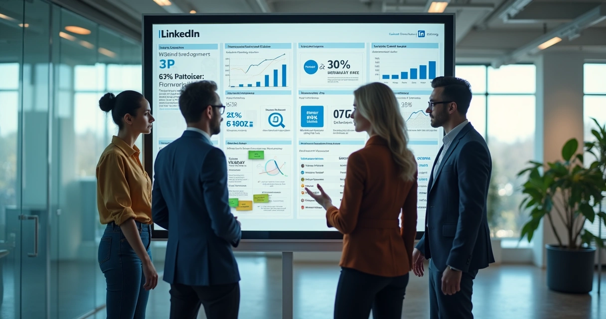 Três líderes profissionais analisando métricas de carreira em grandes telas digitais 