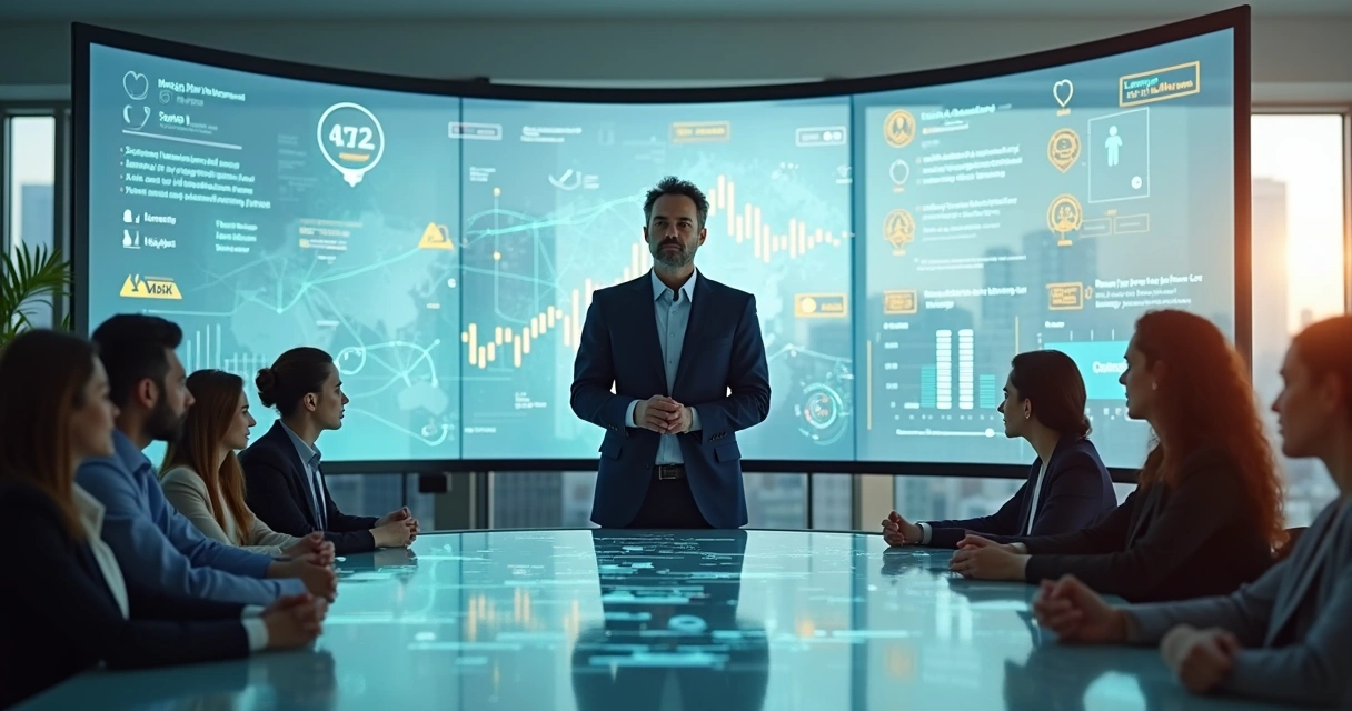 Líder observando painel com métricas de impacto humano e financeiro 