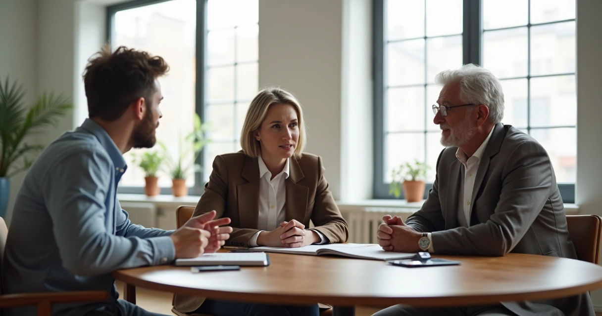 Tres personas de distintas generaciones conversan en una mesa redonda luminosa 