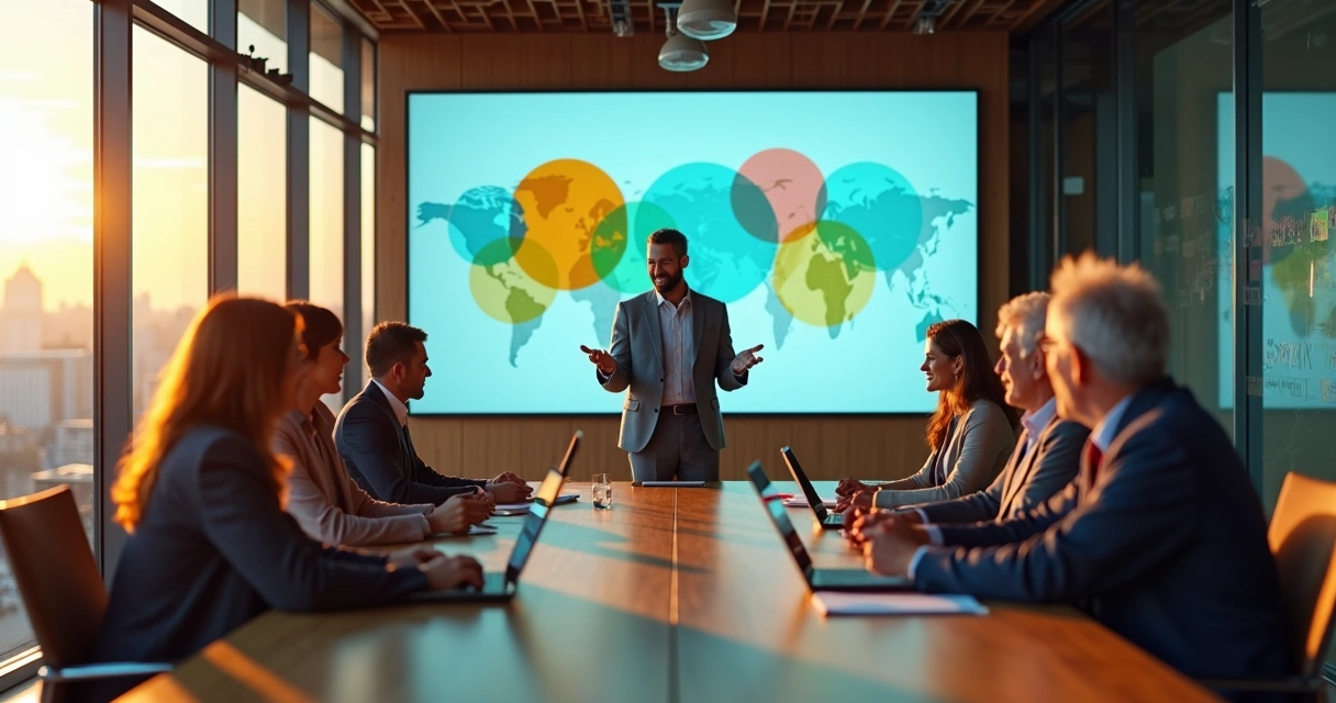 Líder facilitando reunião com equipe multigeracional em sala de conferência moderna 