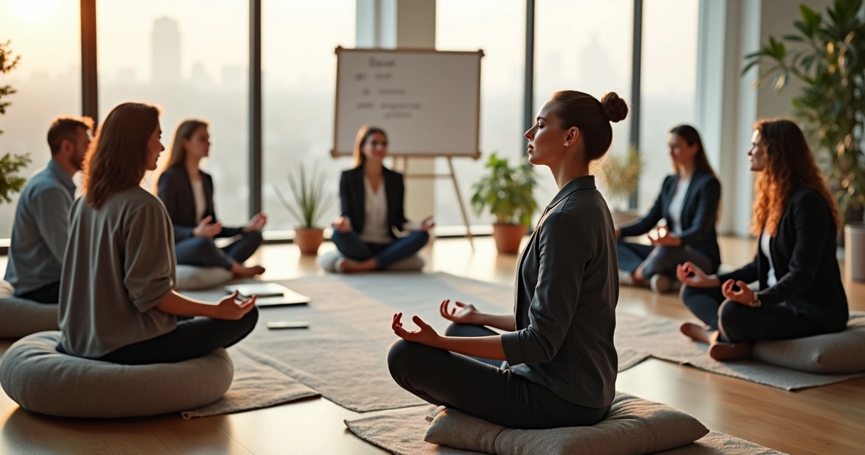 Novo líder em círculo de meditação orientada em sala de onboarding corporativo 