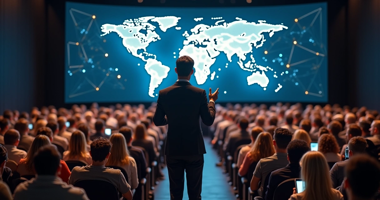Líder de opinião falando a uma plateia conectada por rede luminosa 