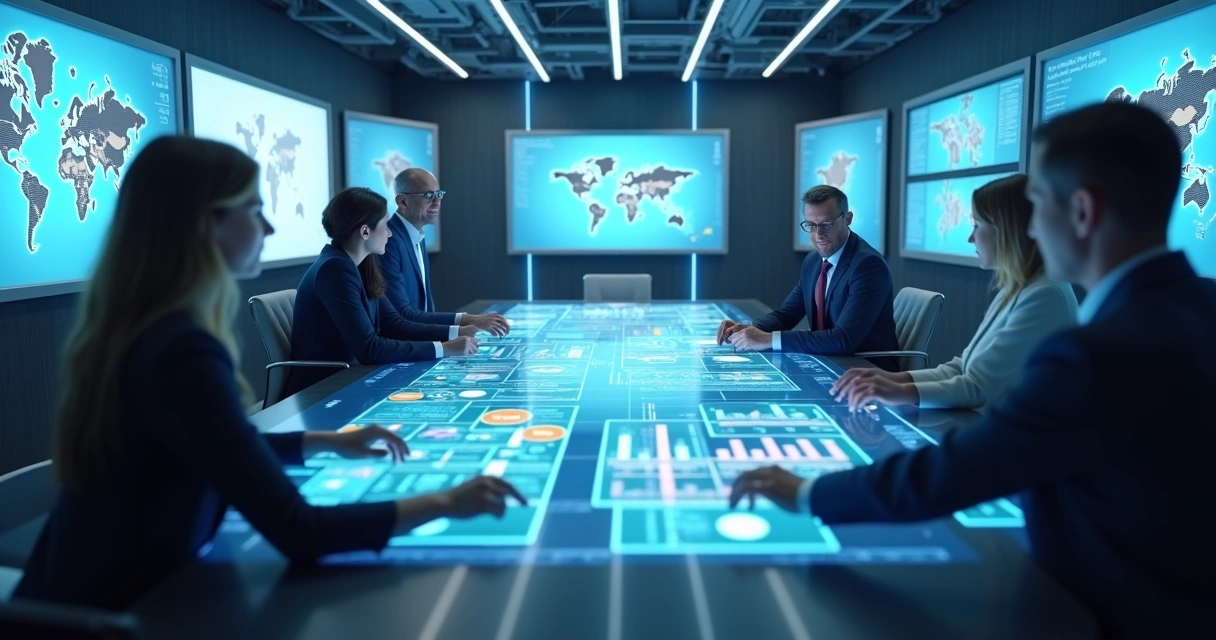 Líderes de tecnologia analisando metas de IA em sala de reuniões 