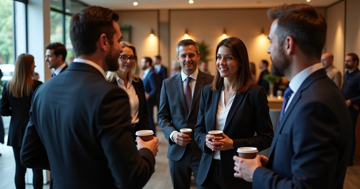 Pessoas elegantemente vestidas conversando em um evento empresarial 