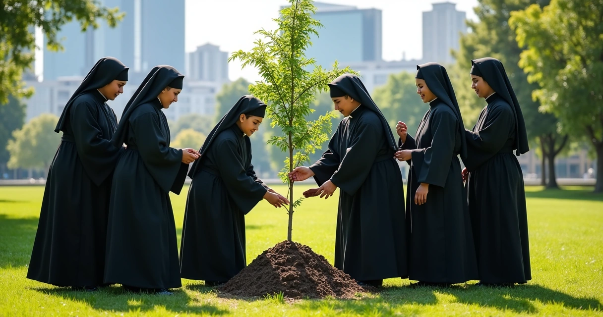 Líderes religiosos católicos em roda plantando árvore 