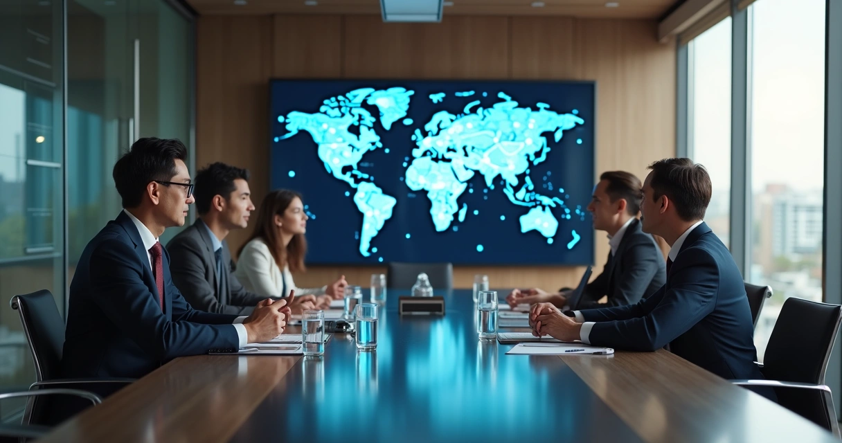Reunião de líderes empresariais debatendo questões éticas globais 