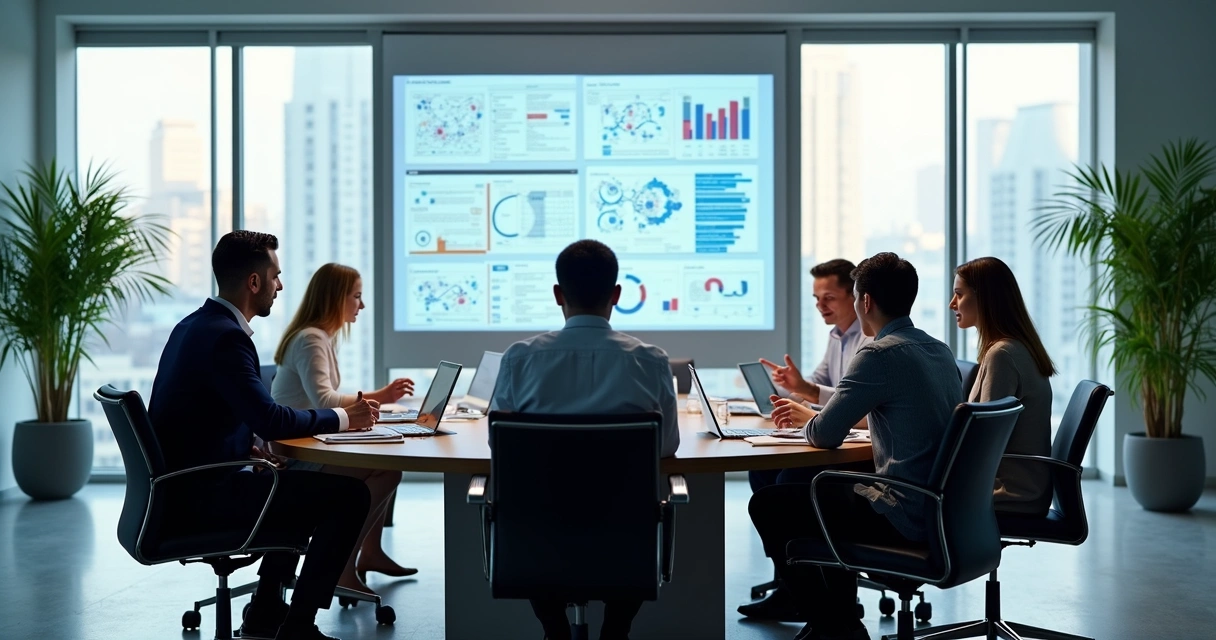 Equipe de líderes reunida em ambiente moderno discutindo integração de processos 