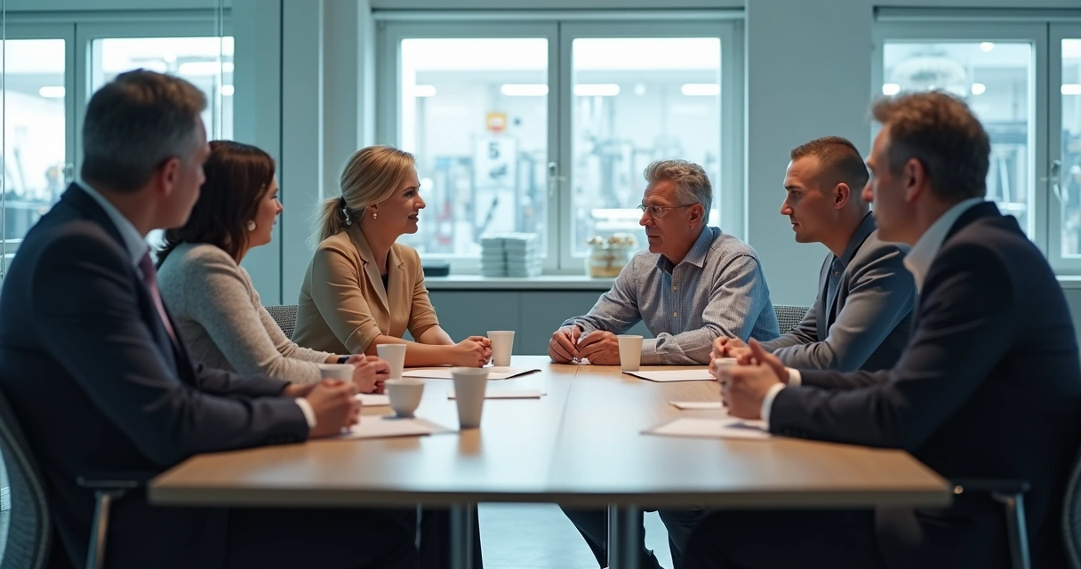 Líderes sentados em círculo em uma reunião aberta na indústria de alimentos 