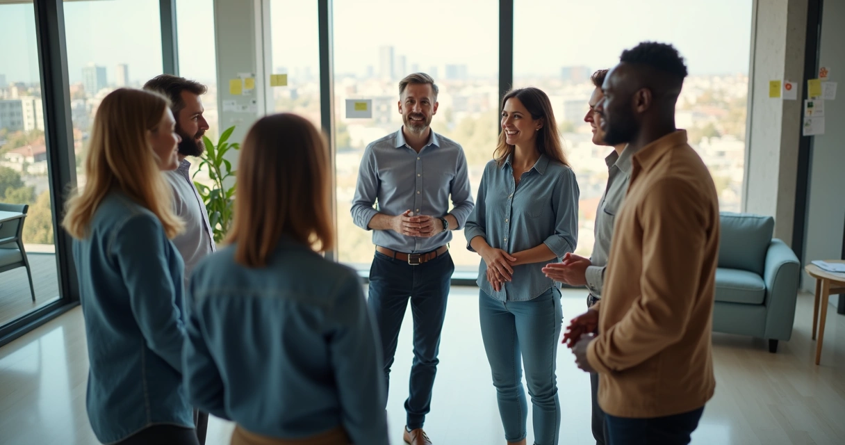 Grupo de líderes em círculo em uma sala moderna simbolizando senso de pertencimento 