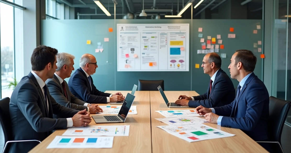 Líderes de diferentes setores de uma empresa reunidos em mesa de reunião, analisando fluxos de processos e estratégias de mudança 