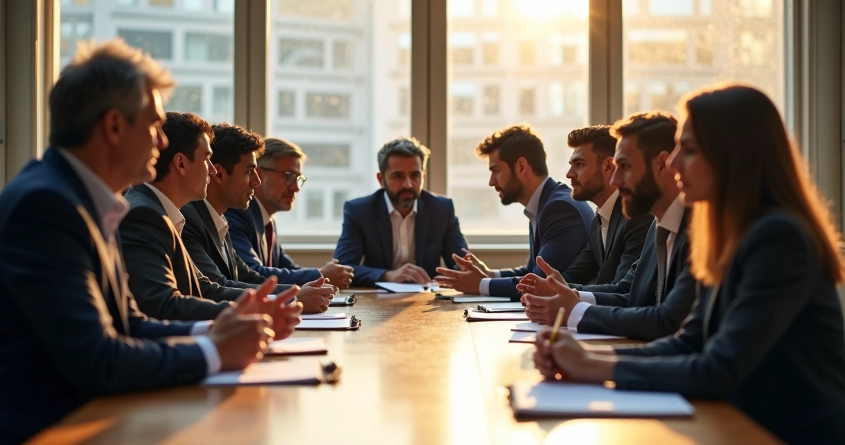 Líderes en una reunión mostrando diferentes emociones, unos dialogando y otros observando con atención 