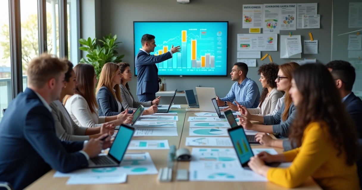 Equipe de líderes em sala moderna participando de treinamento prático com recursos tecnológicos 