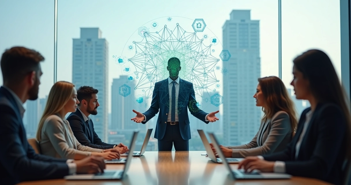 Líder facilitando diálogo em equipe diversa em ambiente corporativo moderno 