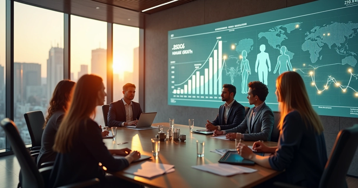 Líderes em reunião observando projeção com gráfico conectado a silhuetas humanas 
