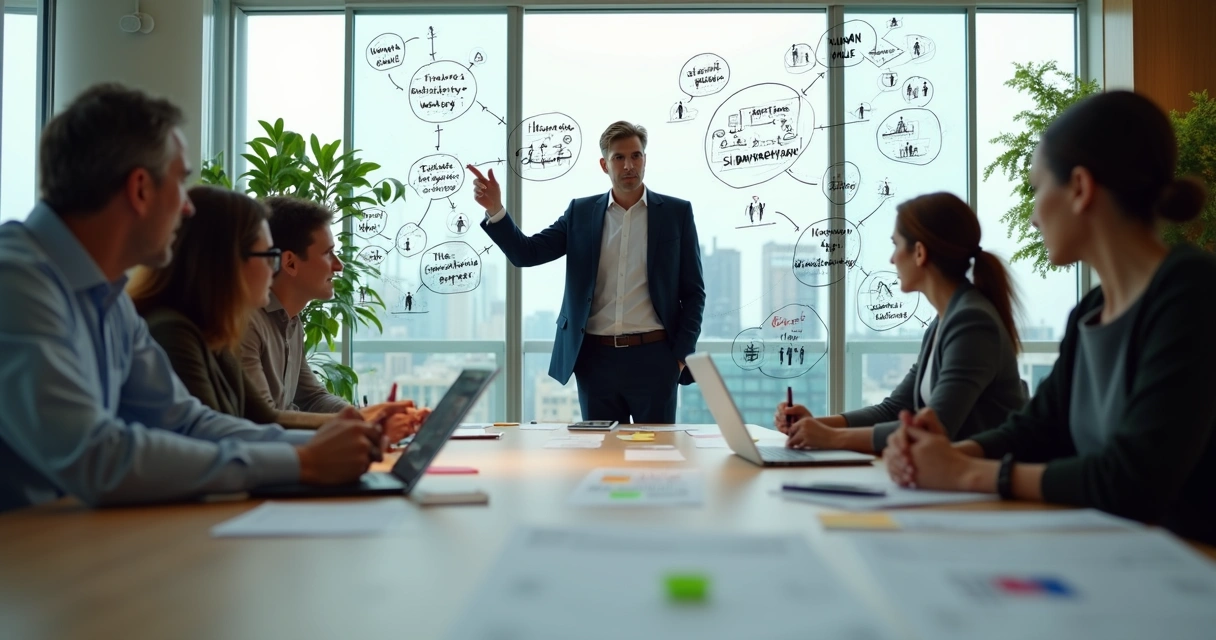 Líder facilitando reunião estratégica com foco em pessoas e impacto humano 