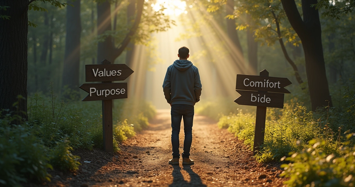 Person standing at a crossroads with signs marked values, purpose, and comfort