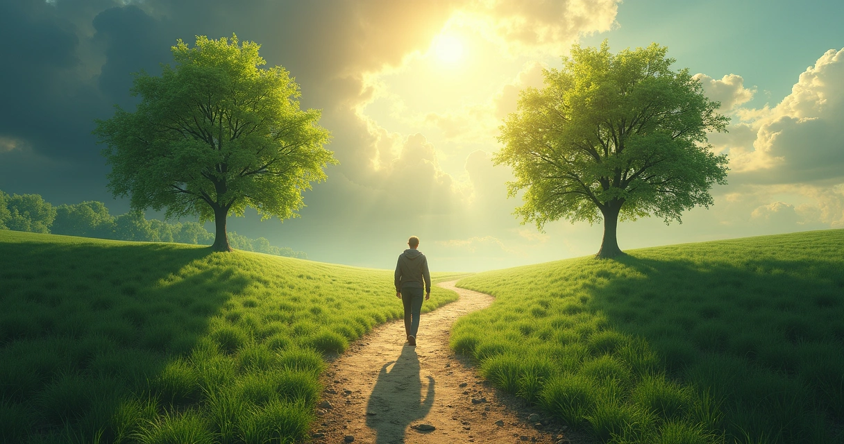 Person walking on a winding path through a natural landscape 
