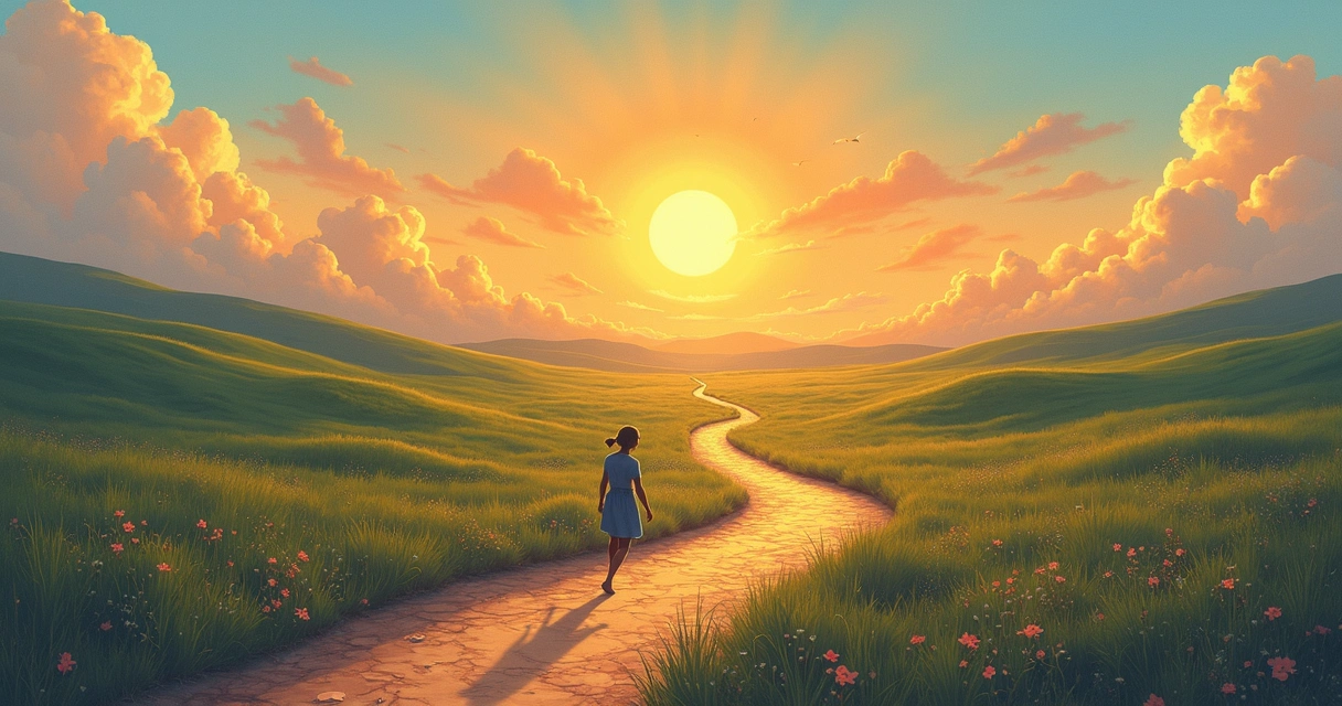 Illustrative map with a winding path, symbols of key moments, and a figure walking toward a sunrise.