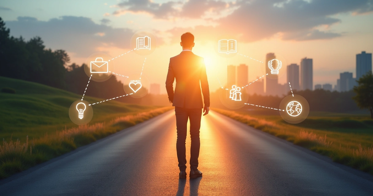 Person standing at sunrise on a path where career icons blend into a horizon of purpose 