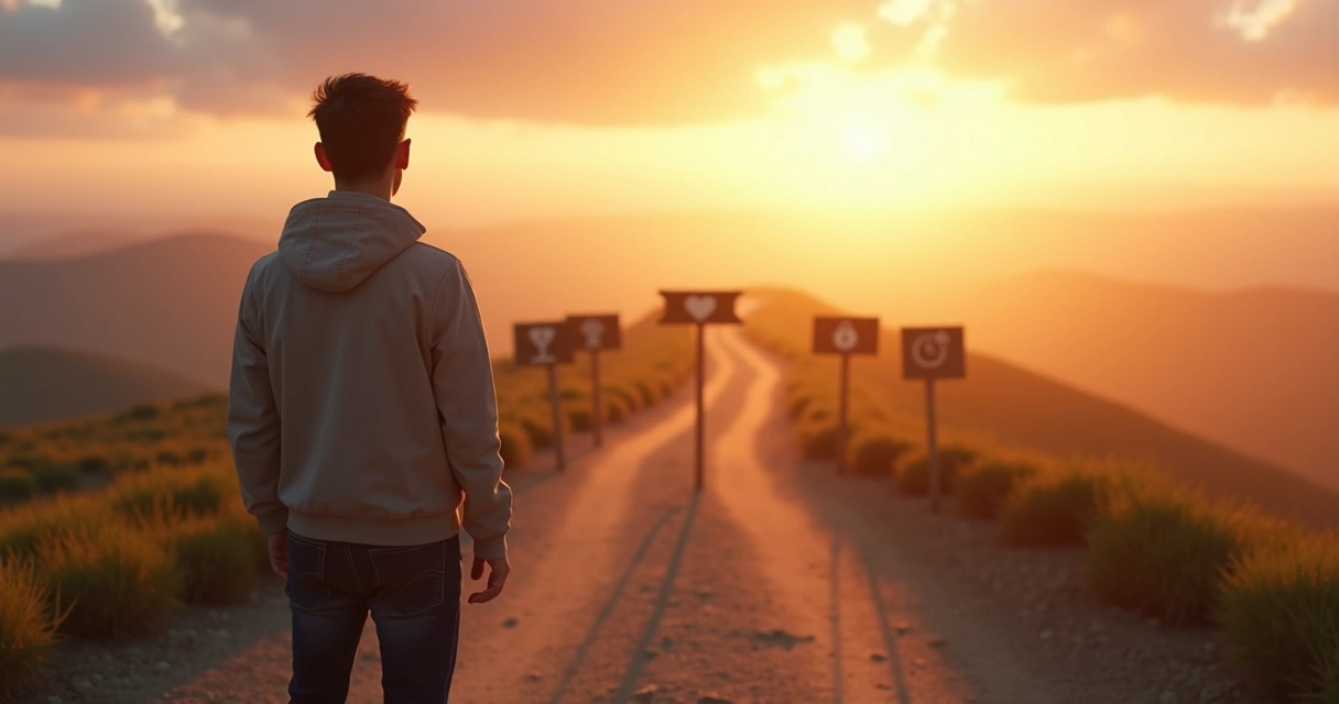 Person at sunrise facing multiple diverging paths with signs symbolizing life purpose myths 