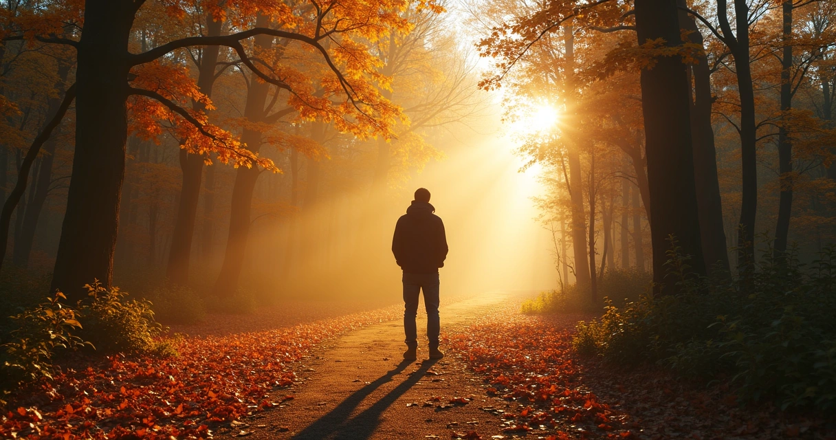 Person standing at a fork in a forest path during autumn, sunlight filtering through trees