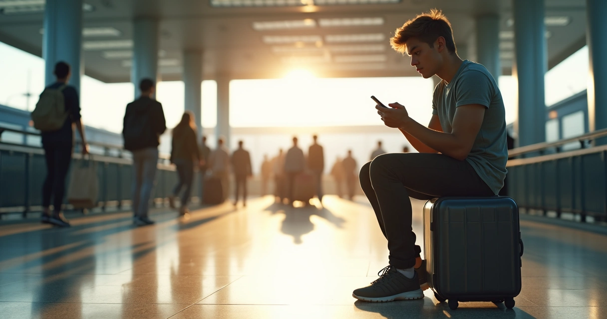Young adult sitting on suitcase at a train station, looking at a phone