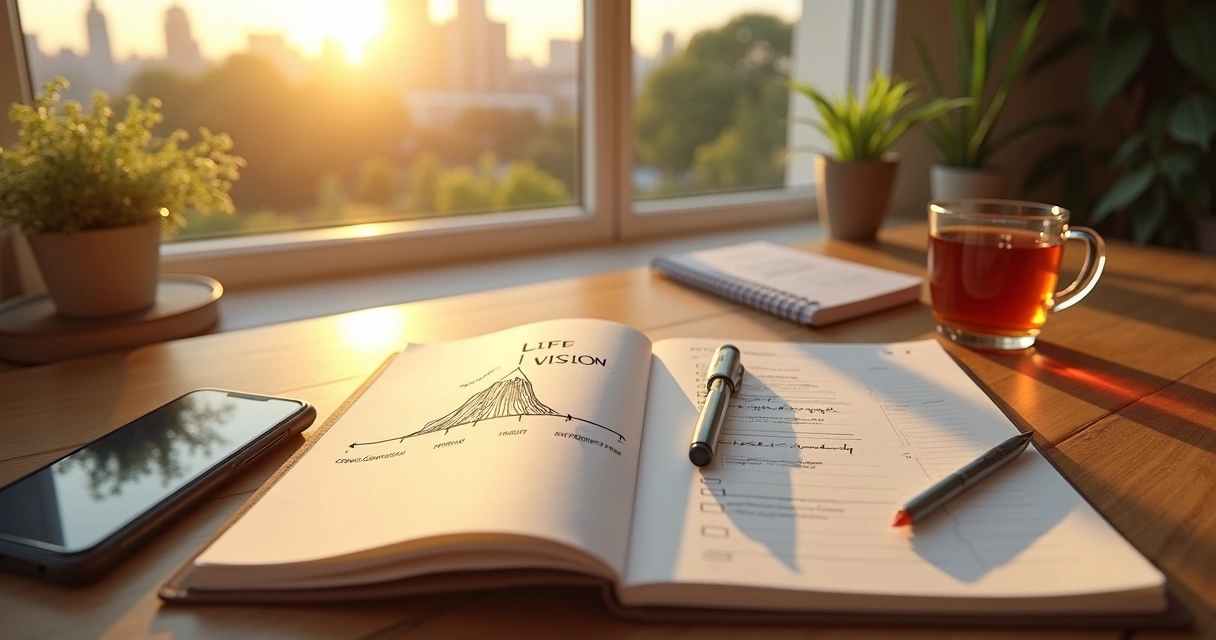 Person aligning long term life vision with organized daily habits on a desk 