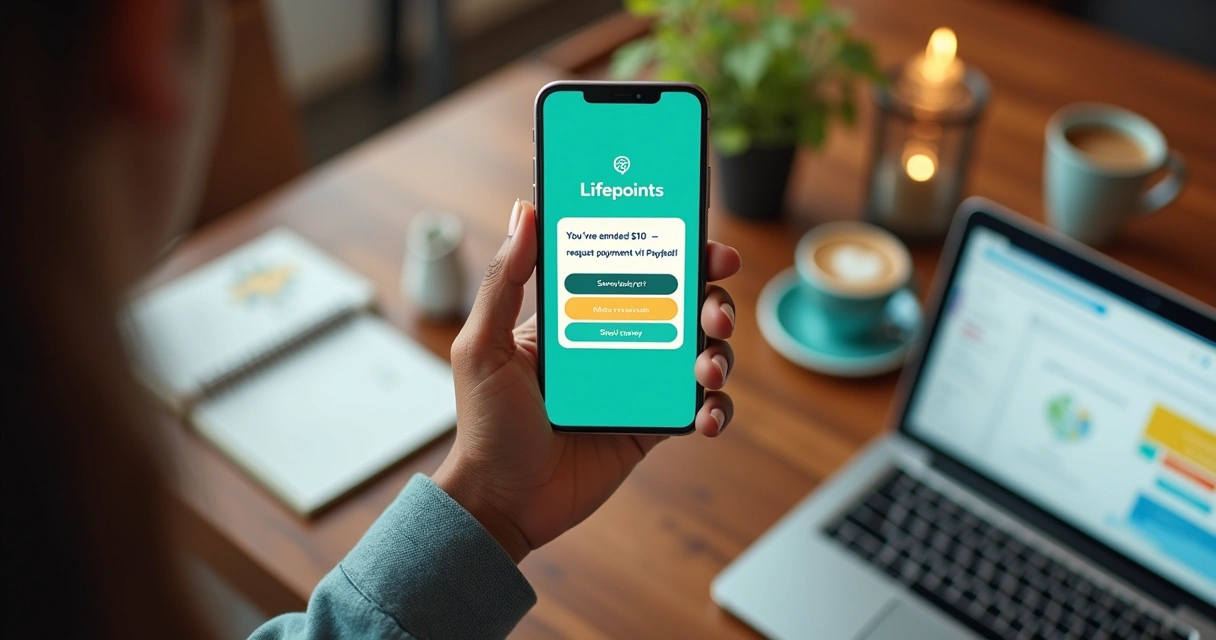 Interface do aplicativo Lifepoints no smartphone com notificação de pagamento via PayPal.