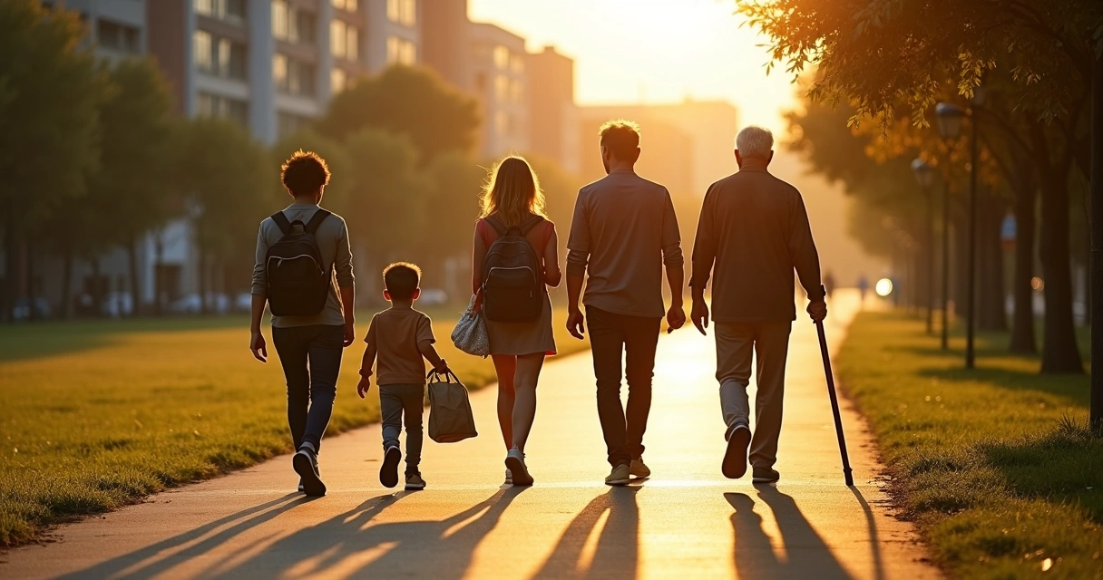 Four life stages walking along a shared path casting overlapping silhouettes 