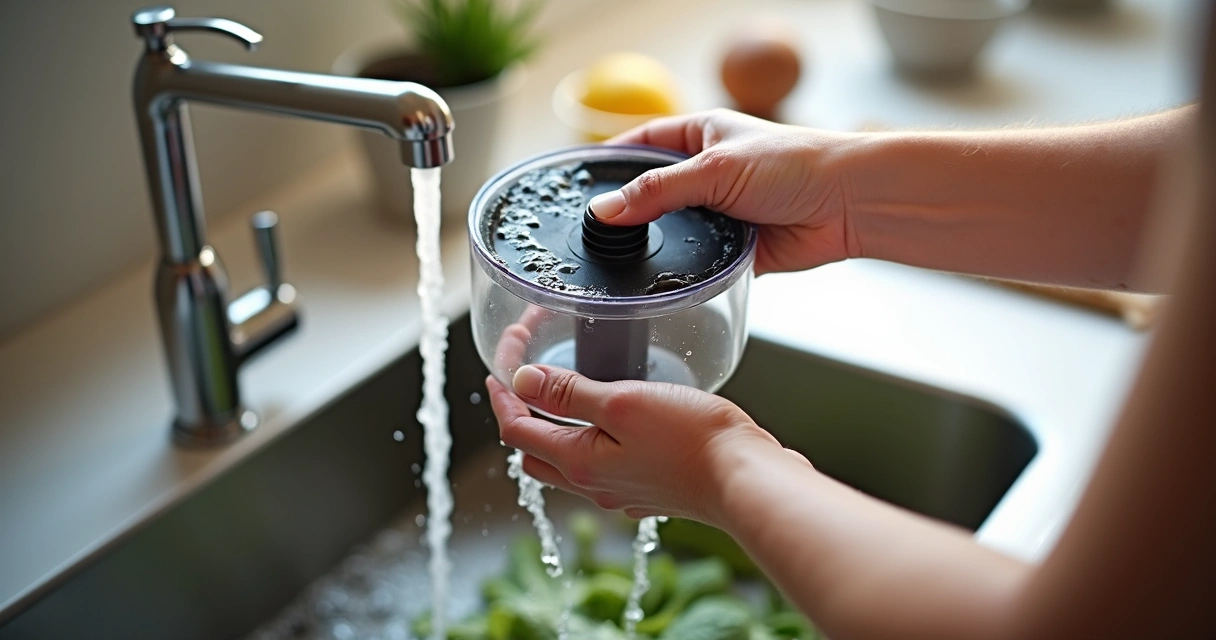 Pessoa lavando peças do processador de alimentos em pia de cozinha moderna 