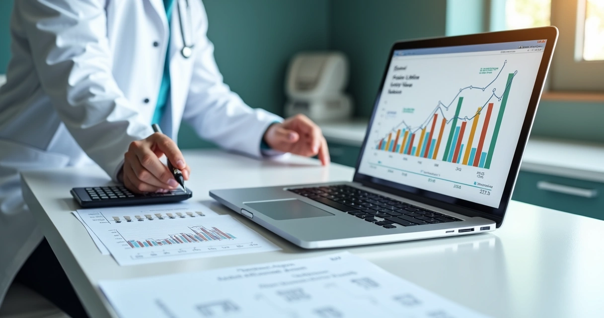 Dentista em mesa de trabalho calculando valor vitalício de pacientes com gráficos e cáries representando receitas futuras 