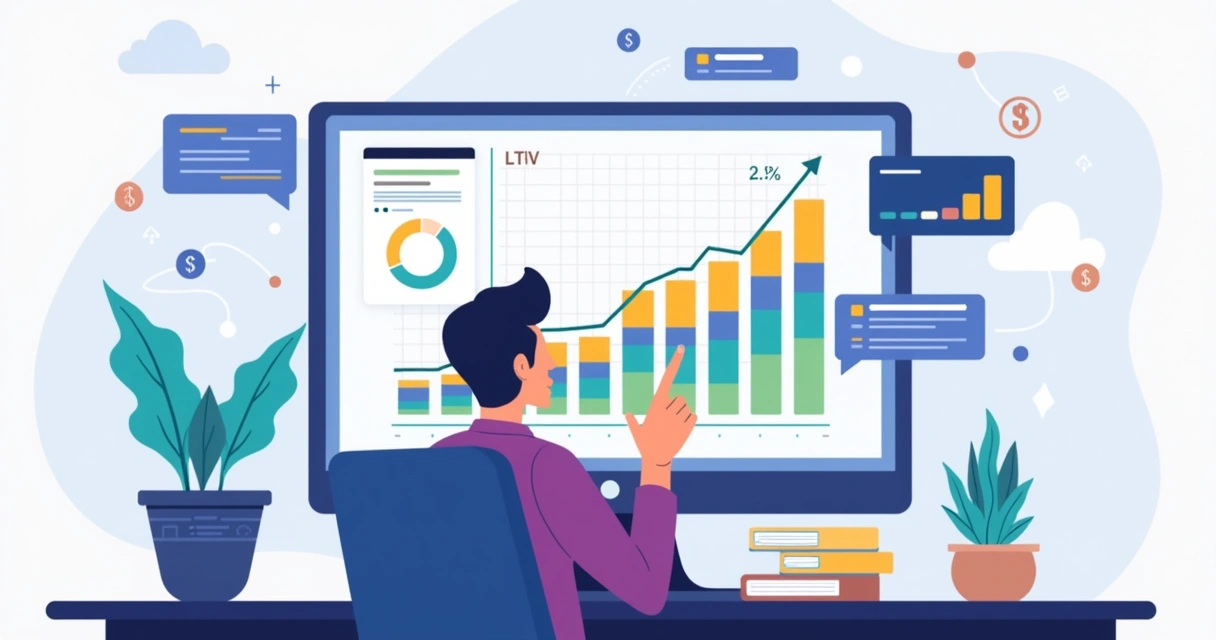 Ilustração de profissional analisando gráfico de lifetime value em serviços digitais 