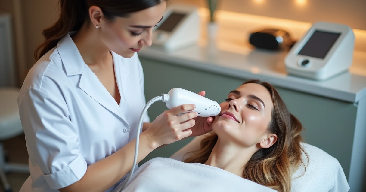 Profissional de estética realizando lifting facial sem cortes em paciente mulher em clínica 