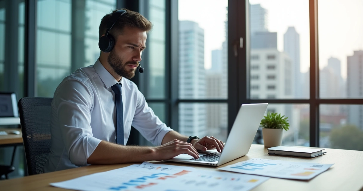 Profissional de vendas fazendo ligação consultiva com anotações de clientes B2B 