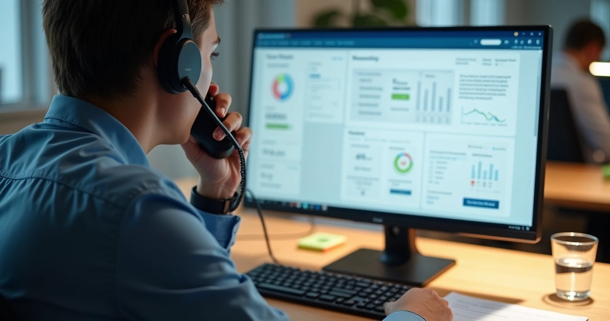 Profissional de vendas em ligação com anotações e dados no monitor