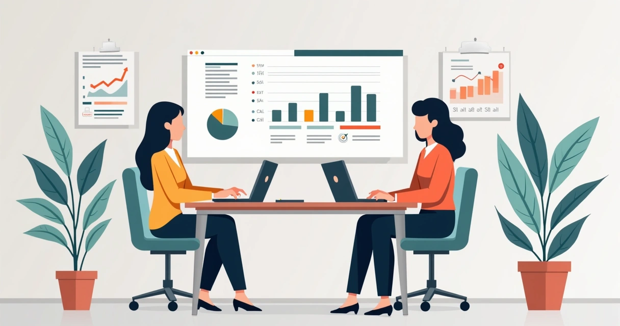 Equipe de vendas realizando ligações em um escritório moderno, com gráficos de desempenho ao fundo
