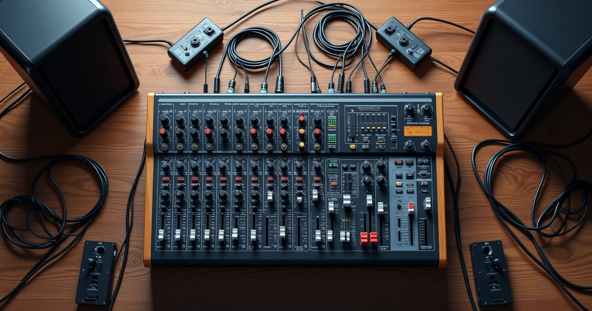 Cabos conectando mixer a caixas acústicas no palco 