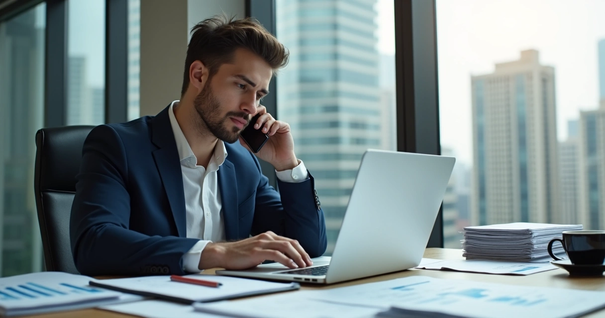 Profissional de BPO ao telefone em ambiente corporativo moderno 