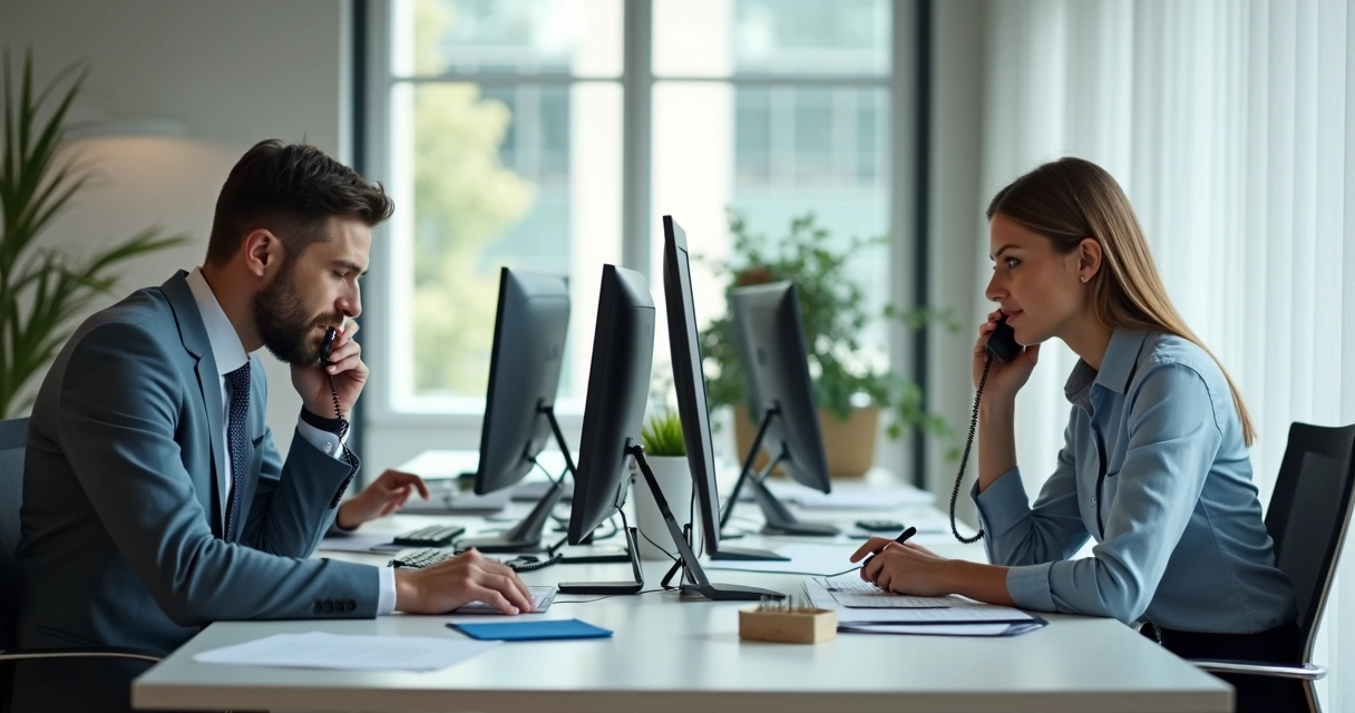 Duas pessoas negociando por telefone em ambientes corporativos 