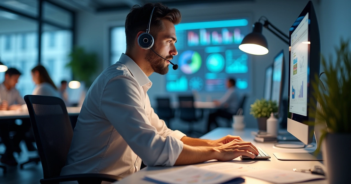 Profissional fazendo ligação de vendas em escritório com computador e anotações 