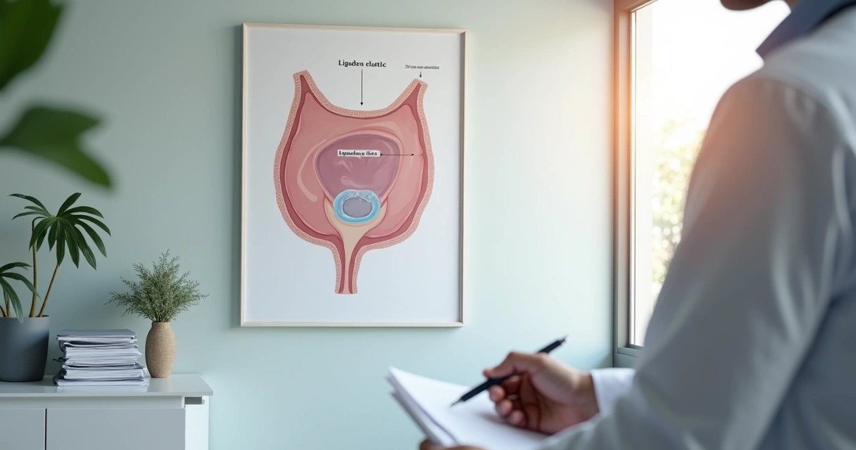 Esquema discreto ilustrando ligadura elástica de hemorroidas internas em painel explicativo 