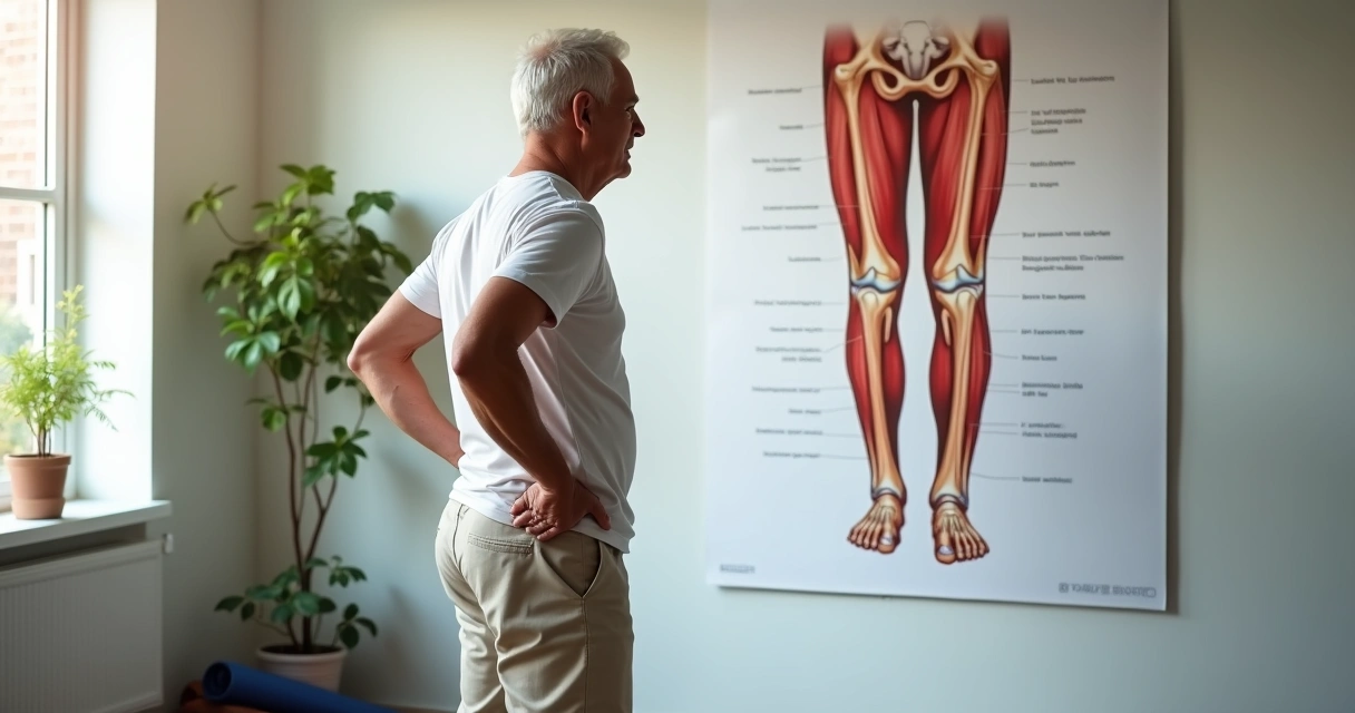 Pessoa madura observando ilustração destacando ligamentos do joelho em quadro anatômico 