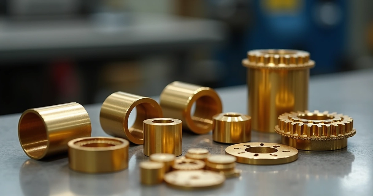 Peças industriais de diferentes ligas de bronze organizadas sobre bancada 