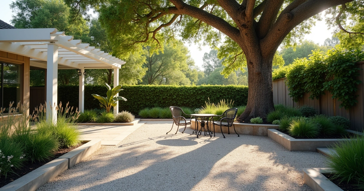 Light-colored gravel patio with a small round table and shade trees 