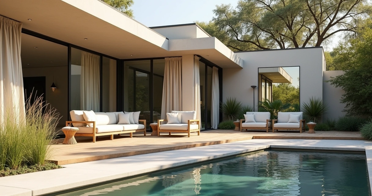Light-colored outdoor lounge with reflective elements in Austin 