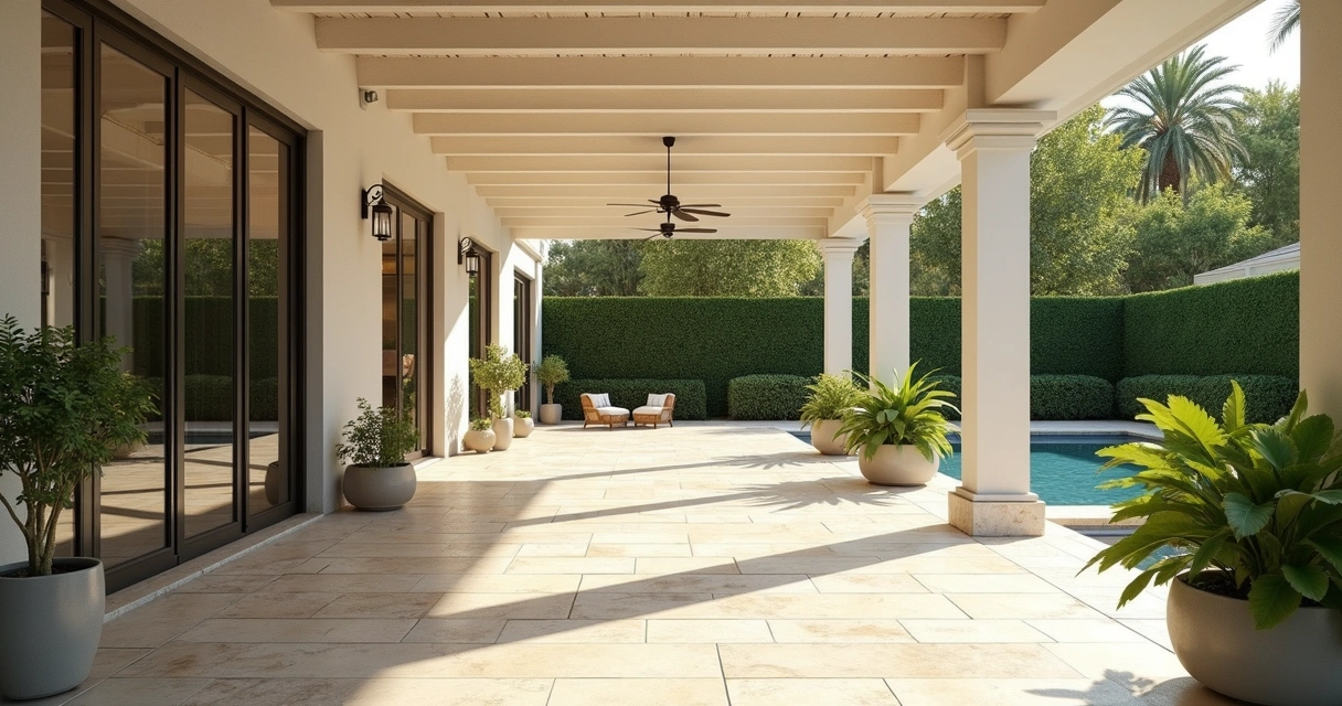 Light stone patio under covered structure 