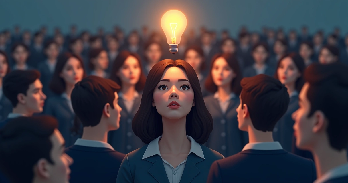 Individual in a crowd with a lightbulb above head, symbolizing independent thought in group