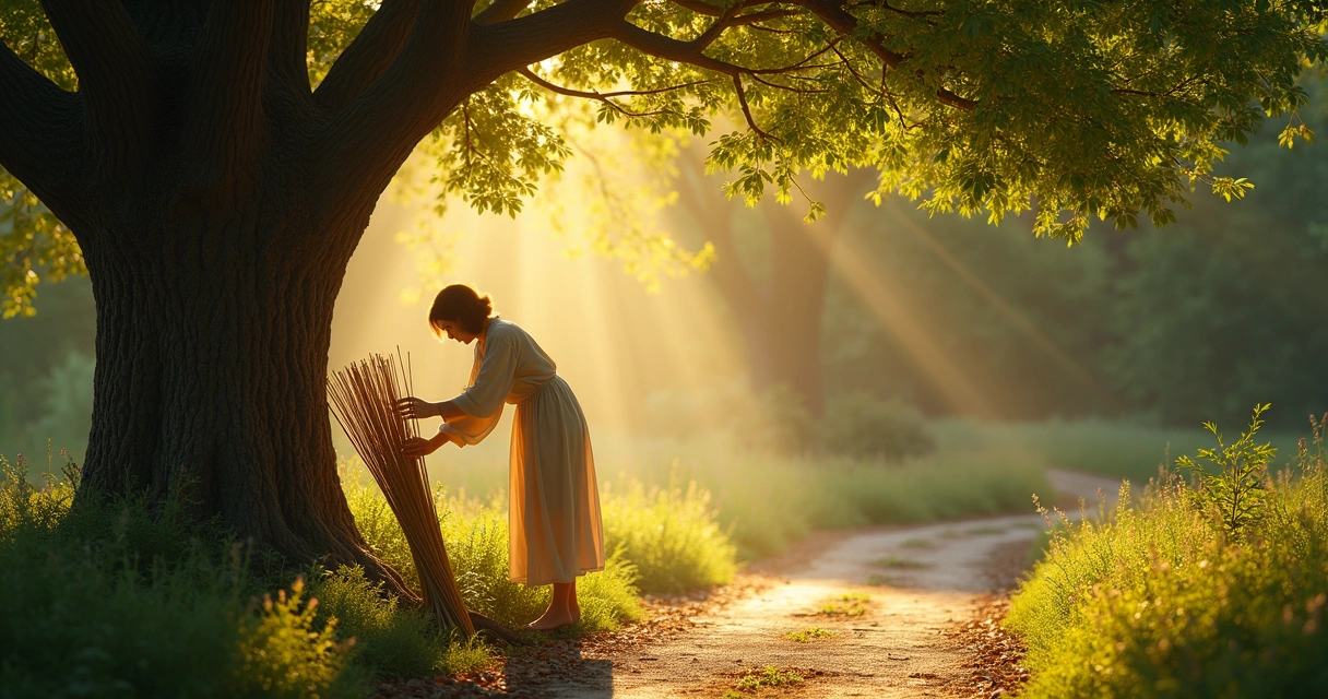 Person setting down wands under a tree, sunlight breaking through the leaves 