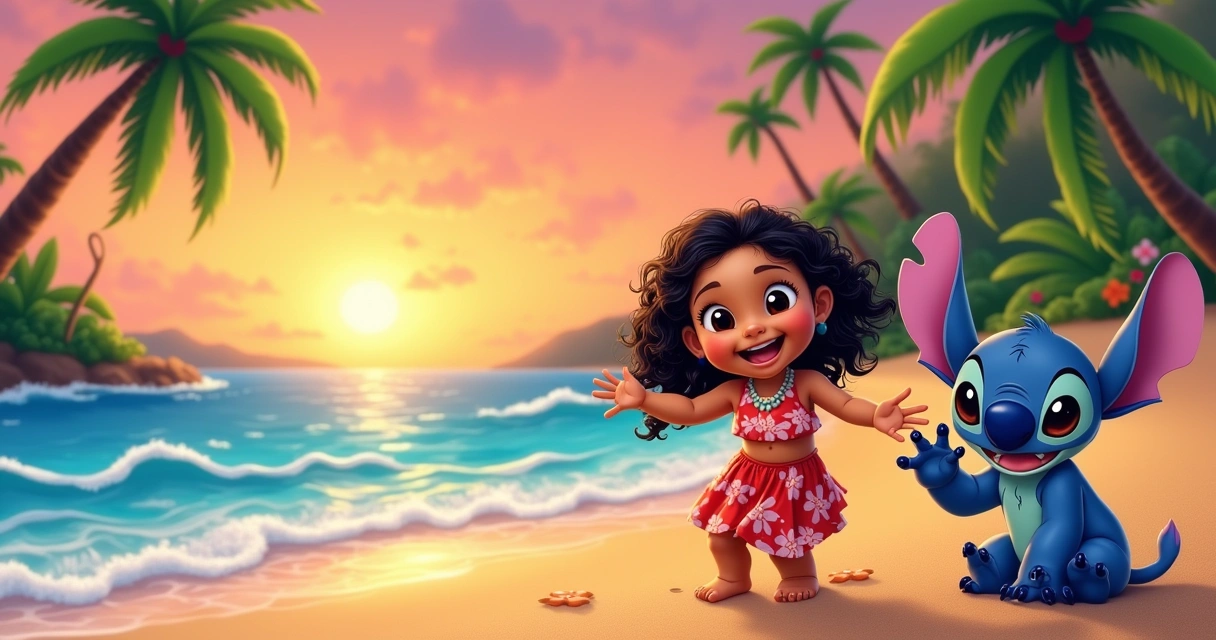 Garota havaiana brincando na praia com Stitch, o alienígena azul, sob um céu de pôr do sol vibrante.